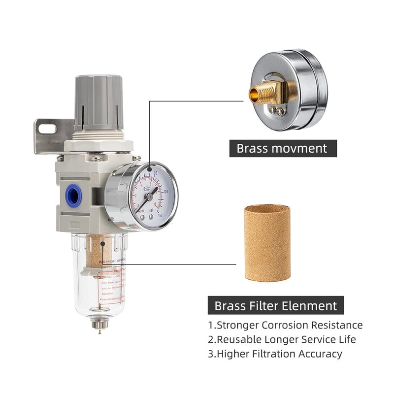 LNCHKA Pneumatic Air Compressor Filter Regulator Combo 1/4" NPT 150 PSI w/Adjustable Gauge-Water Separator,Metal Bracket,Manual Drain,5 Micron Brass Cartridge - Image 4